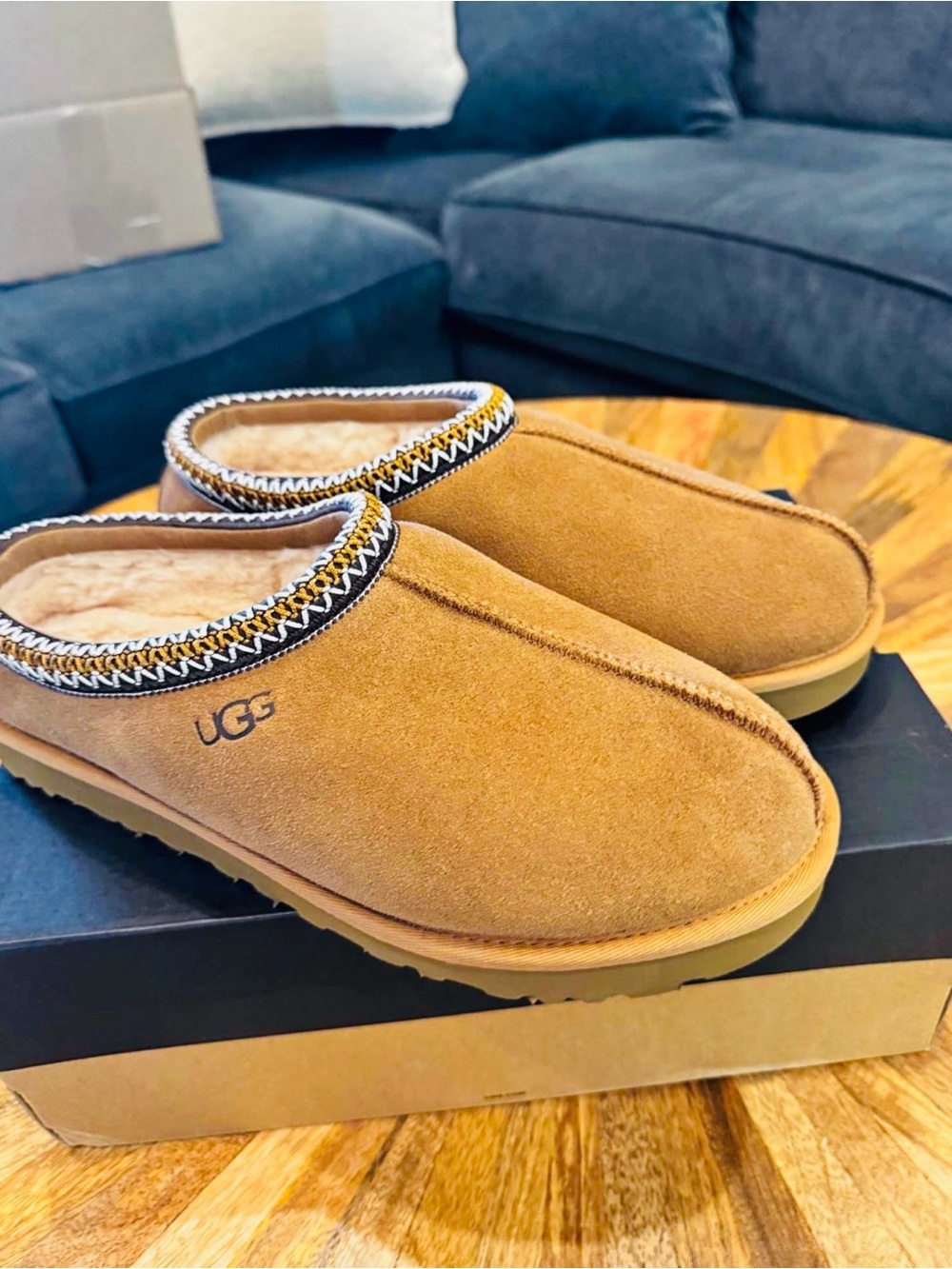 UGG Chestnut Suede Slip-On Clog with Shearling Trim